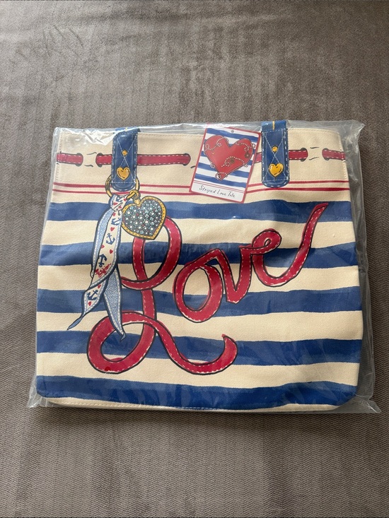 Brighton Handbags - Brighton Striped Love Canvas Tote - Blue, Cream & Red Accents - NEW!!